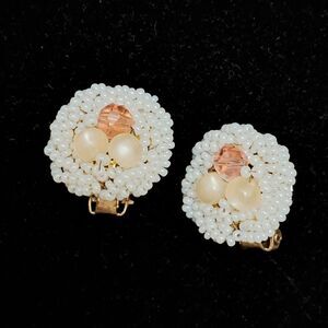 Vintage Beaded Japan Clip On Earrings White And Pink Gold Tone